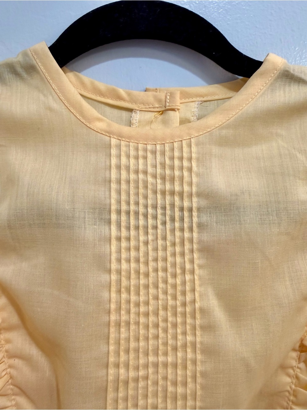Vintage 70s You Babes Pastel Yellow Ruffle Tuxedo Pleat Blouse Back Button Sz S - Picture 7 of 16